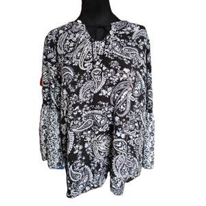 Basic Editions, Kmart, Women's Size Medium Black Floral Boho Blouse-Vintage